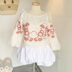 Romantic White Lace Blouse Coral Embroidered